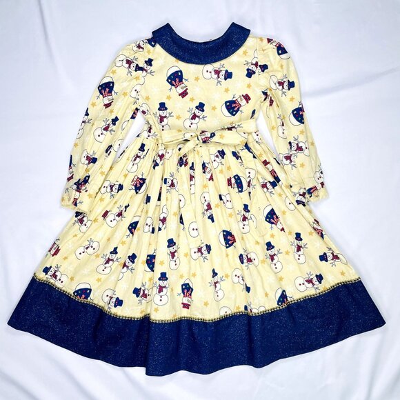 Vintage Girls Snowman Winter Christmas Holiday Peter Pan Collar Dress 4 - 6 - Picture 3 of 9